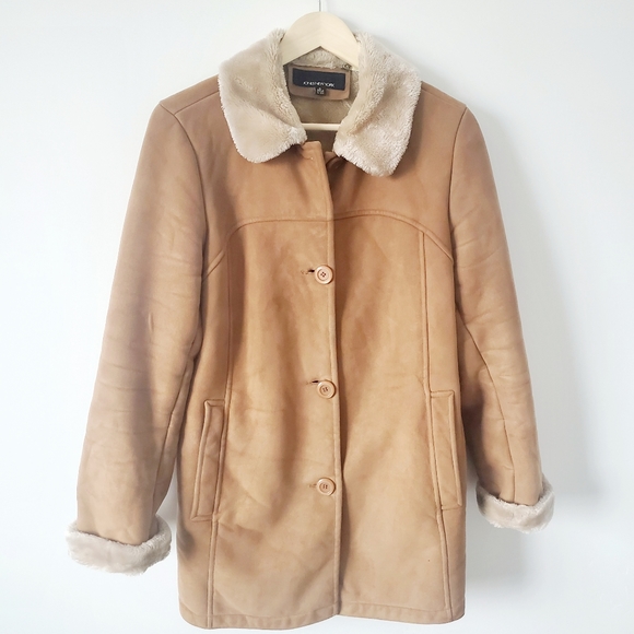 Camel Faux Suede Coat M - Picture 6 of 8
